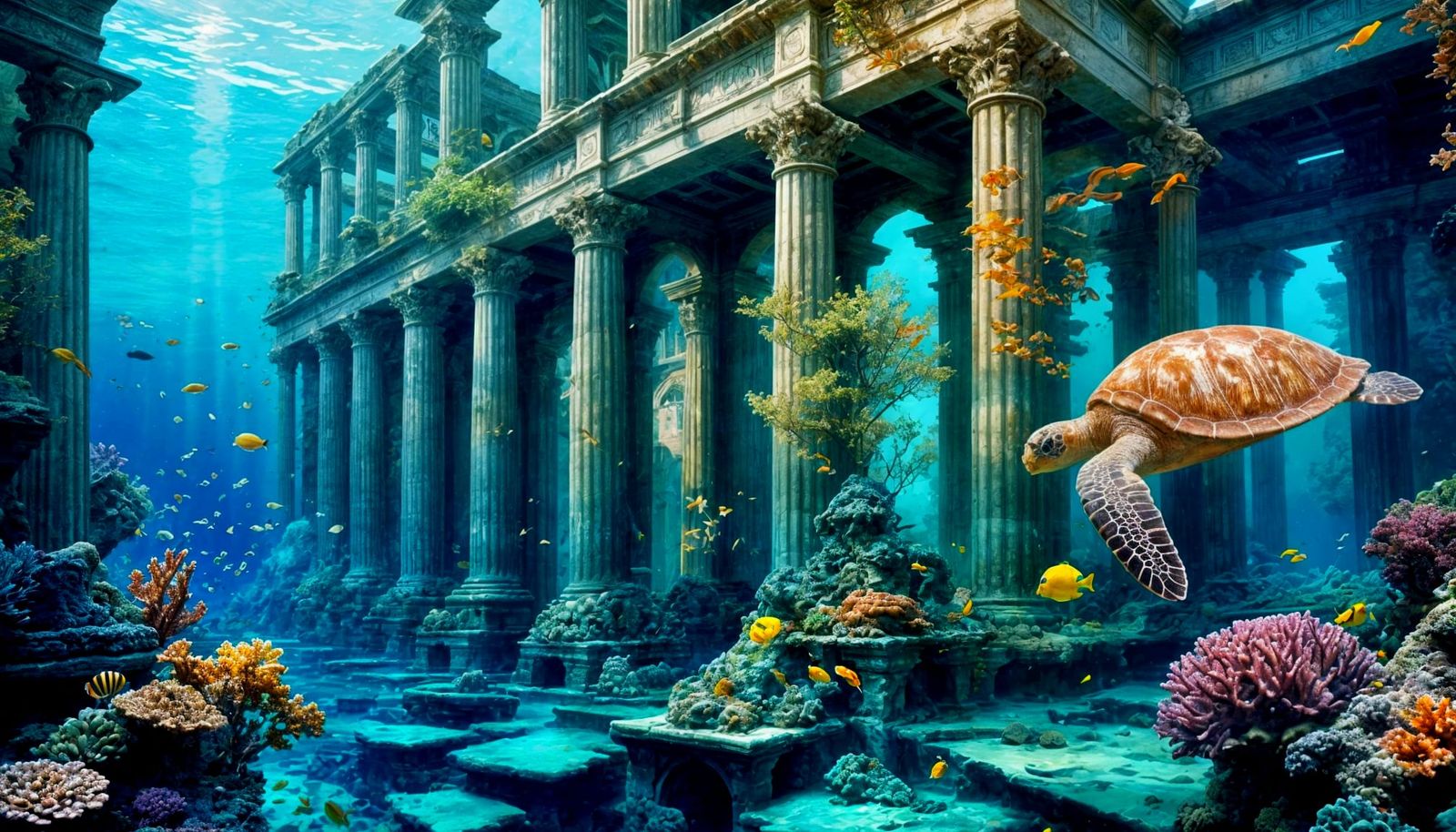 Ancient Roman City Underwater Reef with Sea Turtle