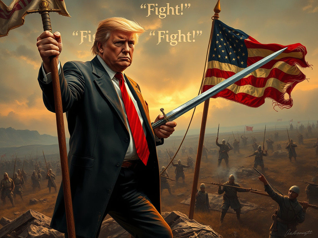 Battle-weary Trump Charges Forward with Sword in Hand, Tatte...
