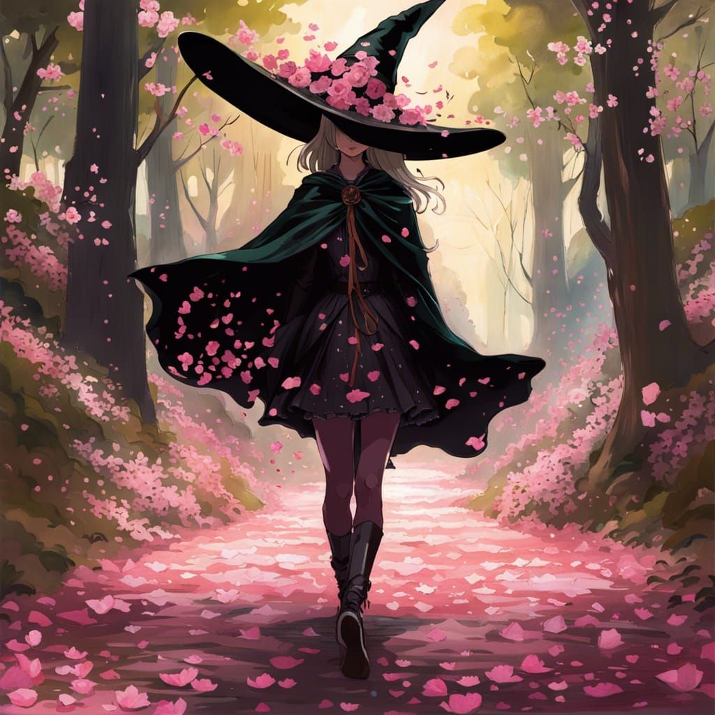 Blossom Witch Spreads Petals on Forest Path