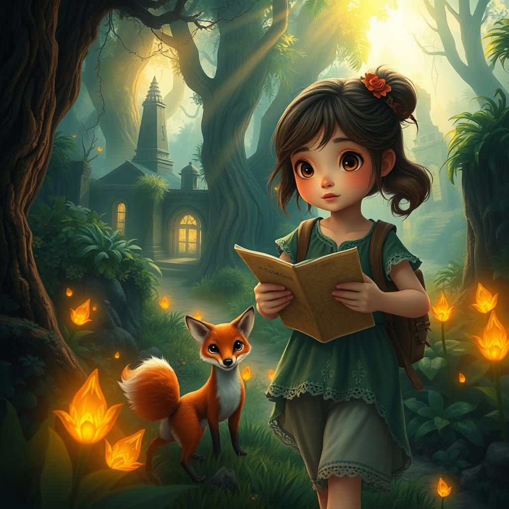 Enchanted Jungle Adventure: Girl and Fox Explore Ruins