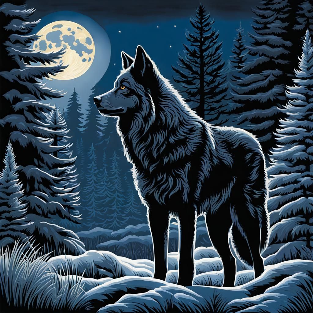 Detailed Wolf in Forest, Impressionistic Style