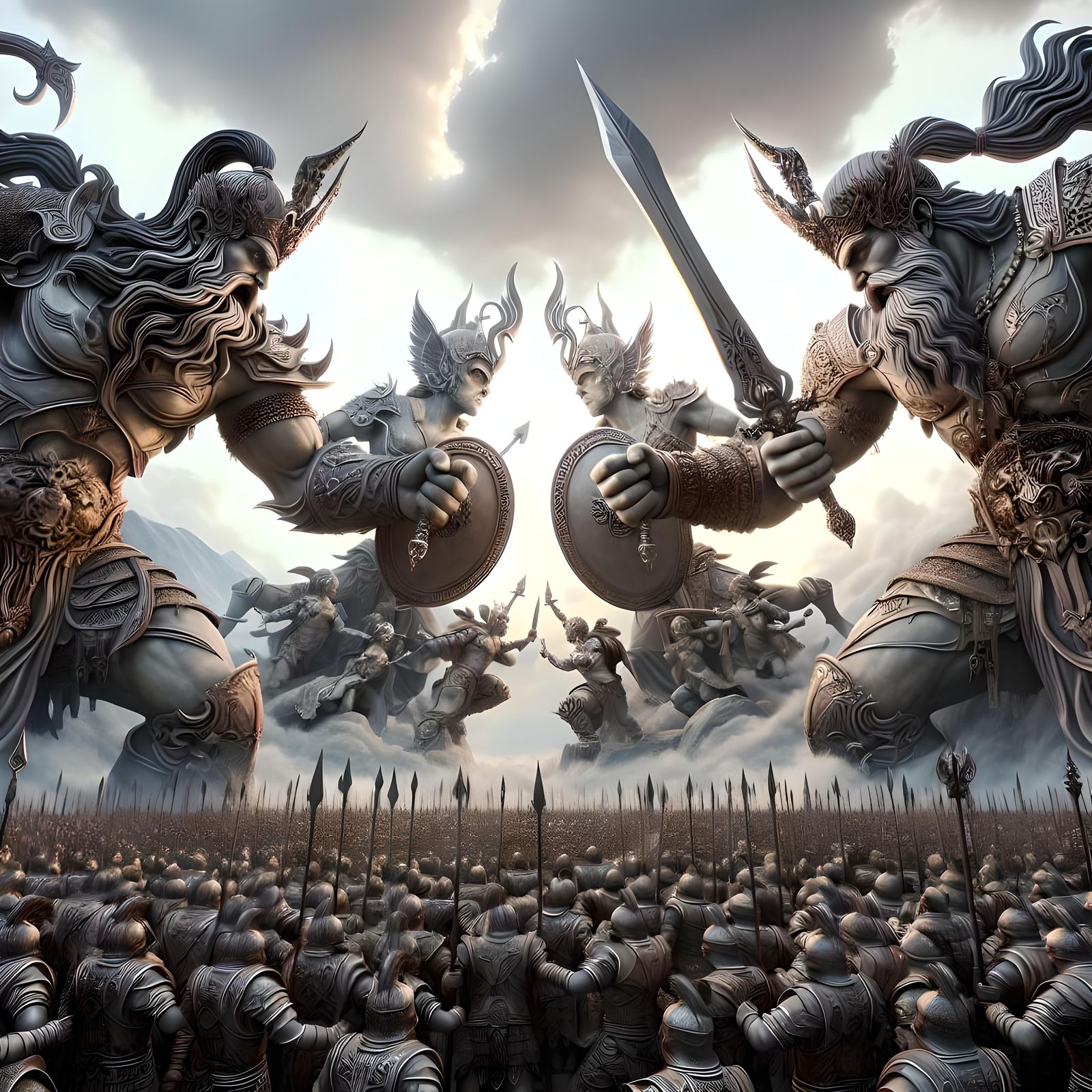 Two towering God mythical warriors in  in an epic showdown, close to the heavens, in a brazen battle, each side has thei...