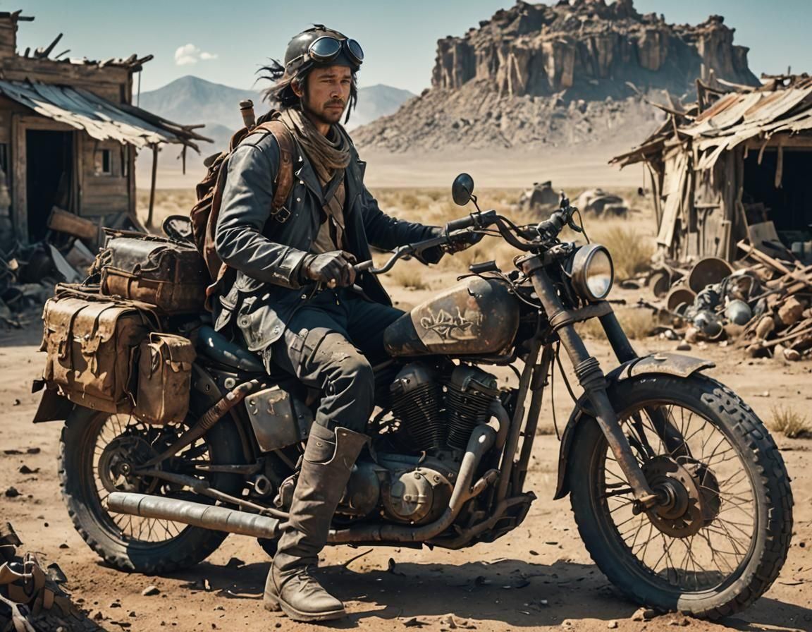 Wasteland Scavenger on Motorcycle: Cinematic Film Still