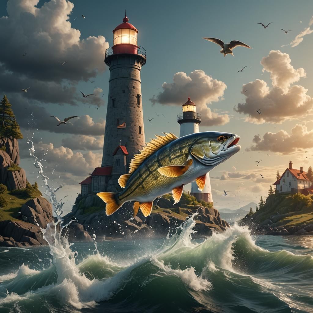 Lake Perch Leaps Before Lighthouse: Detailed Matte Painting