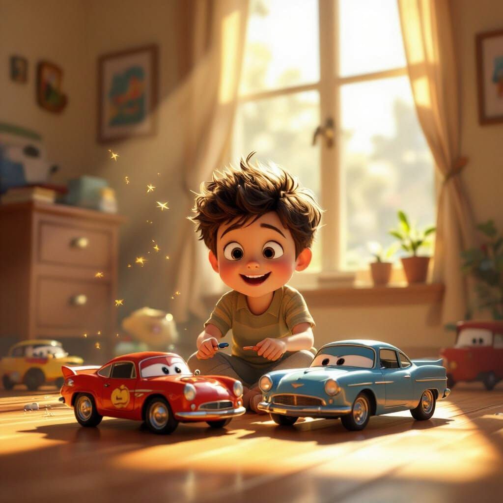 Boy Plays With Toy Cars in Sunlit Room, Pixar Animation Styl...