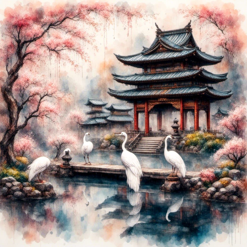 Japanese Watercolor: Asian Beauty at Temple Pond
