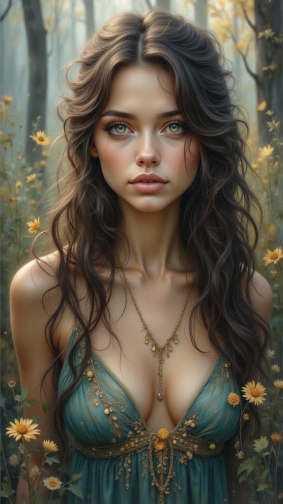 Woman in Teal and Gold Dress in Misty Forest at Dawn