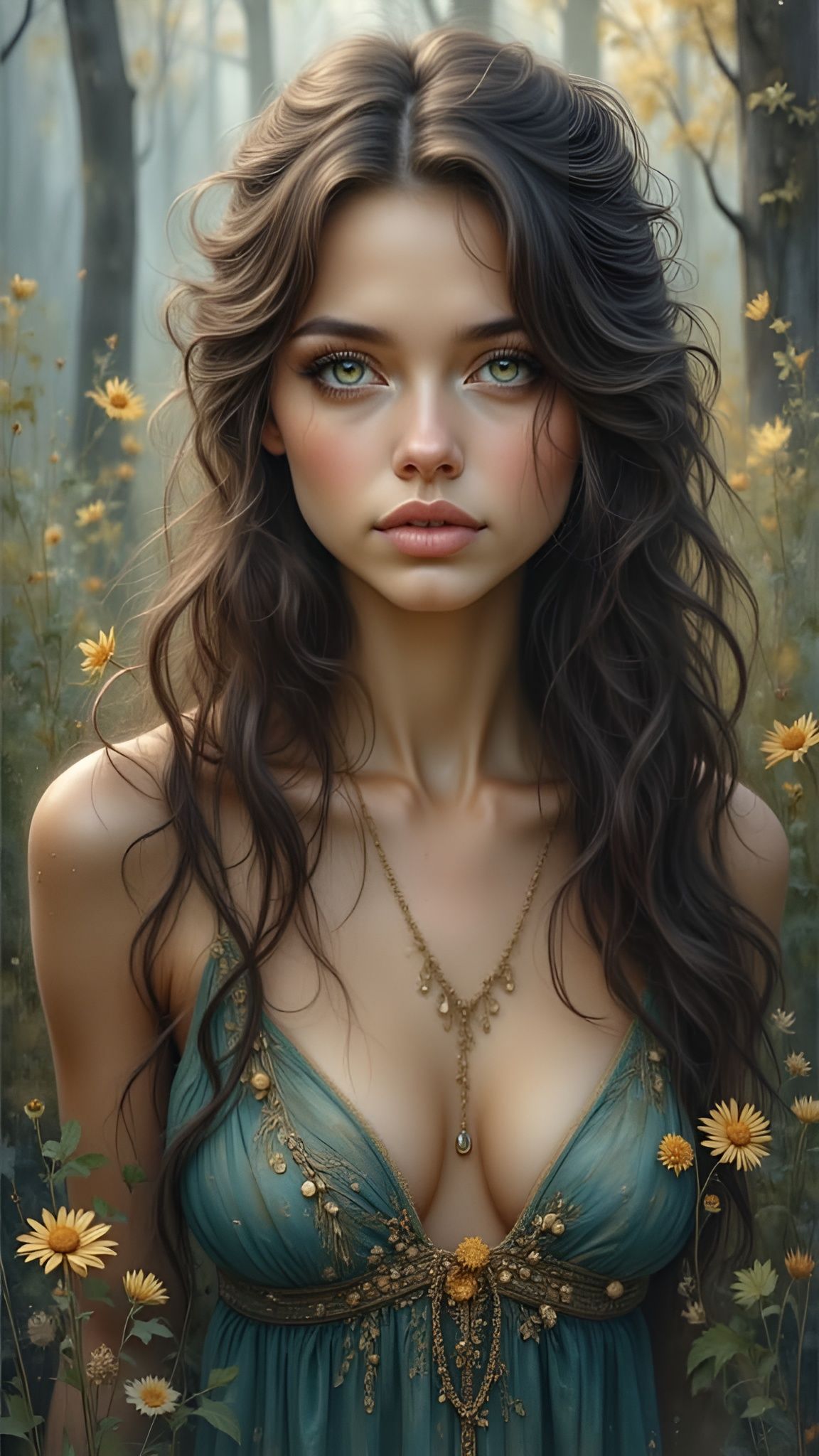 Woman in Teal and Gold Dress in Misty Forest at Dawn