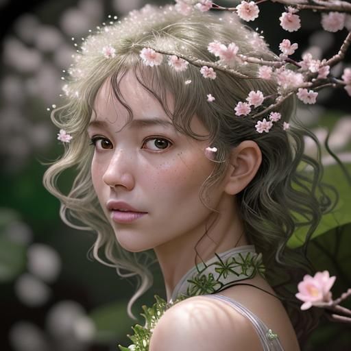 Japanese Garden with Man and Plum Blossom Tree