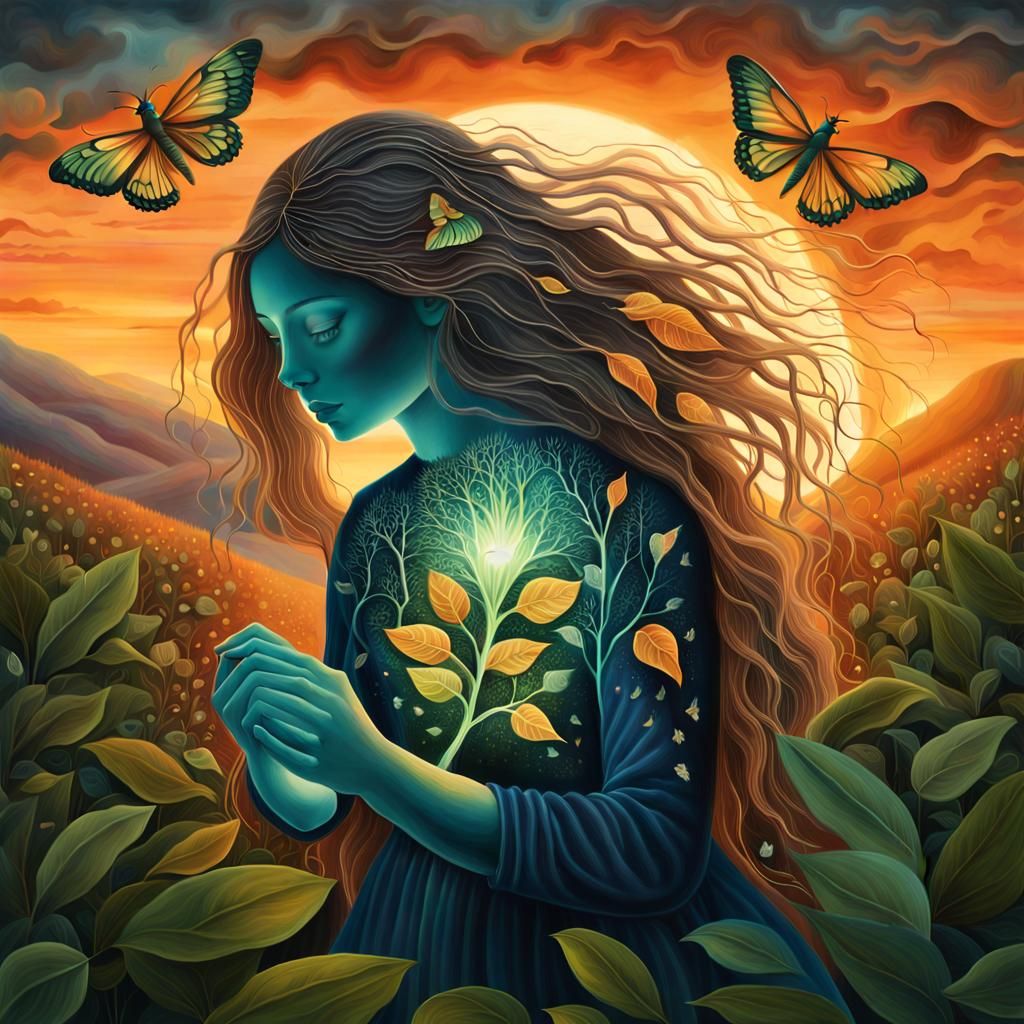 Glowing Bio Art Collage of Woman with Broken Heart