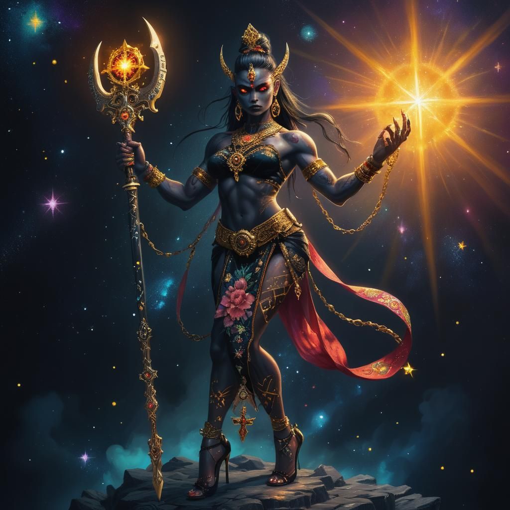 Devi Portrait with Gold Jewelry in Dark Fantasy Style