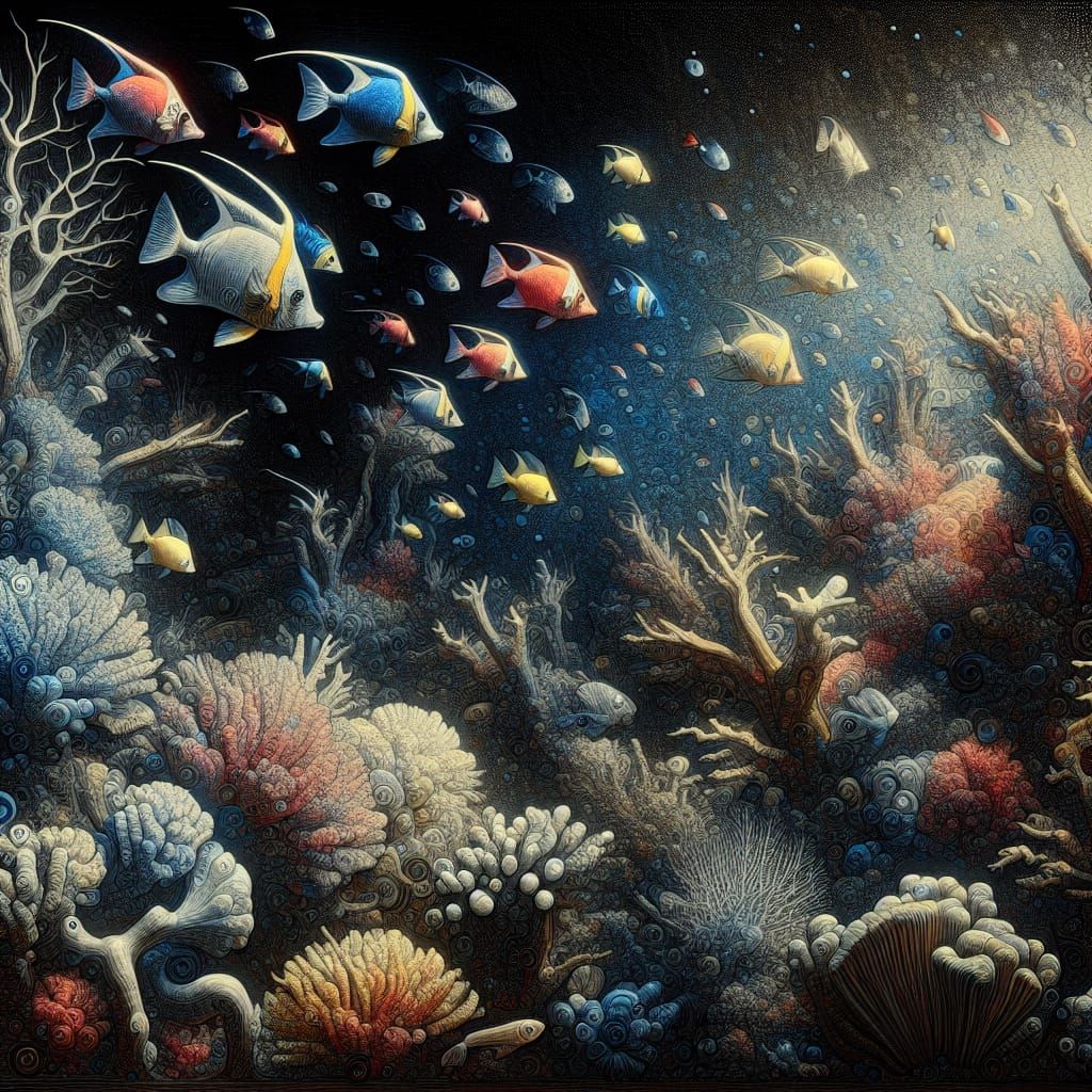 Detailed Coral Reef with Colorful Fish in Gothic Style