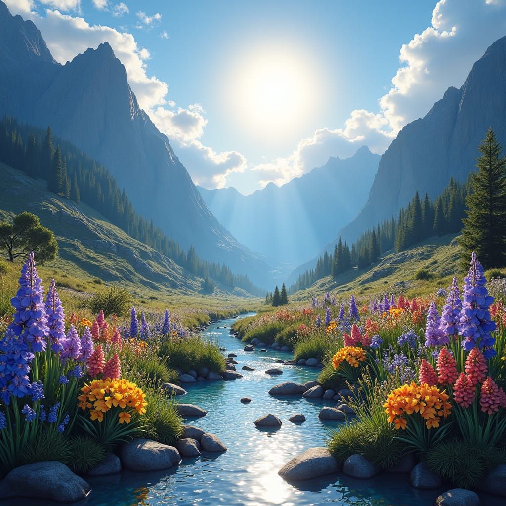 Vibrant Sunlit Mountain Stream with Colorful Flowers