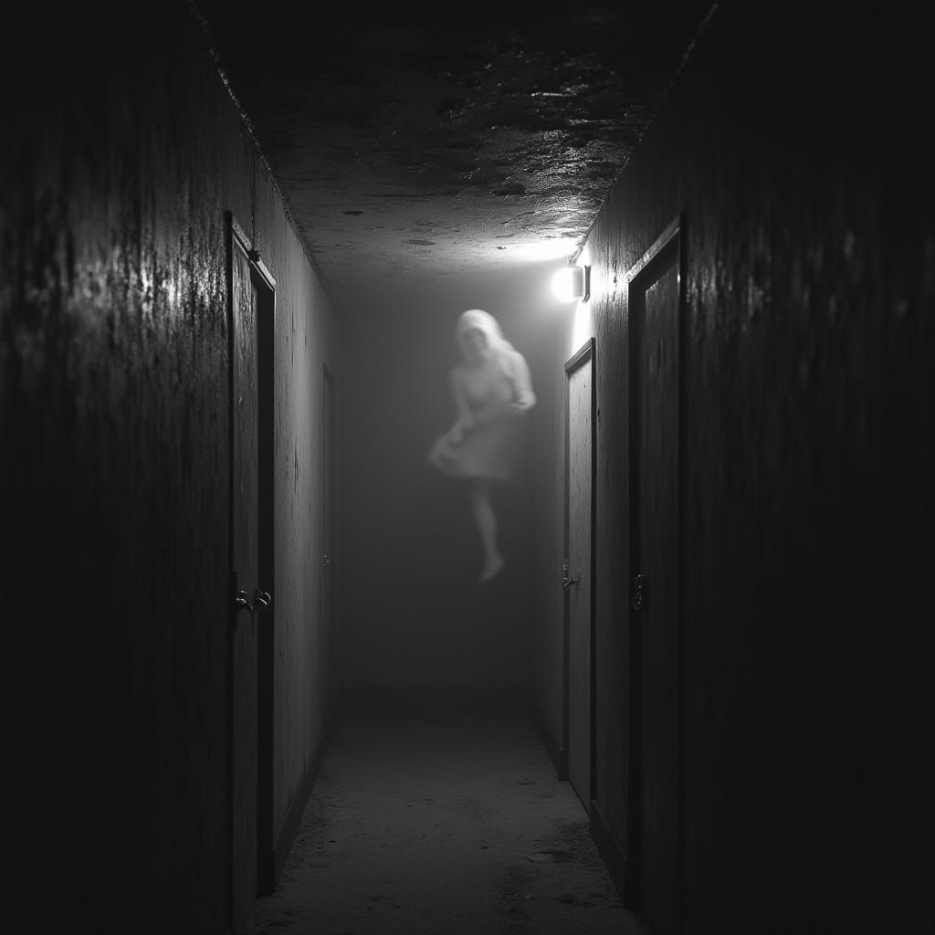 Eerie Asylum Basement with Ghostly Figure