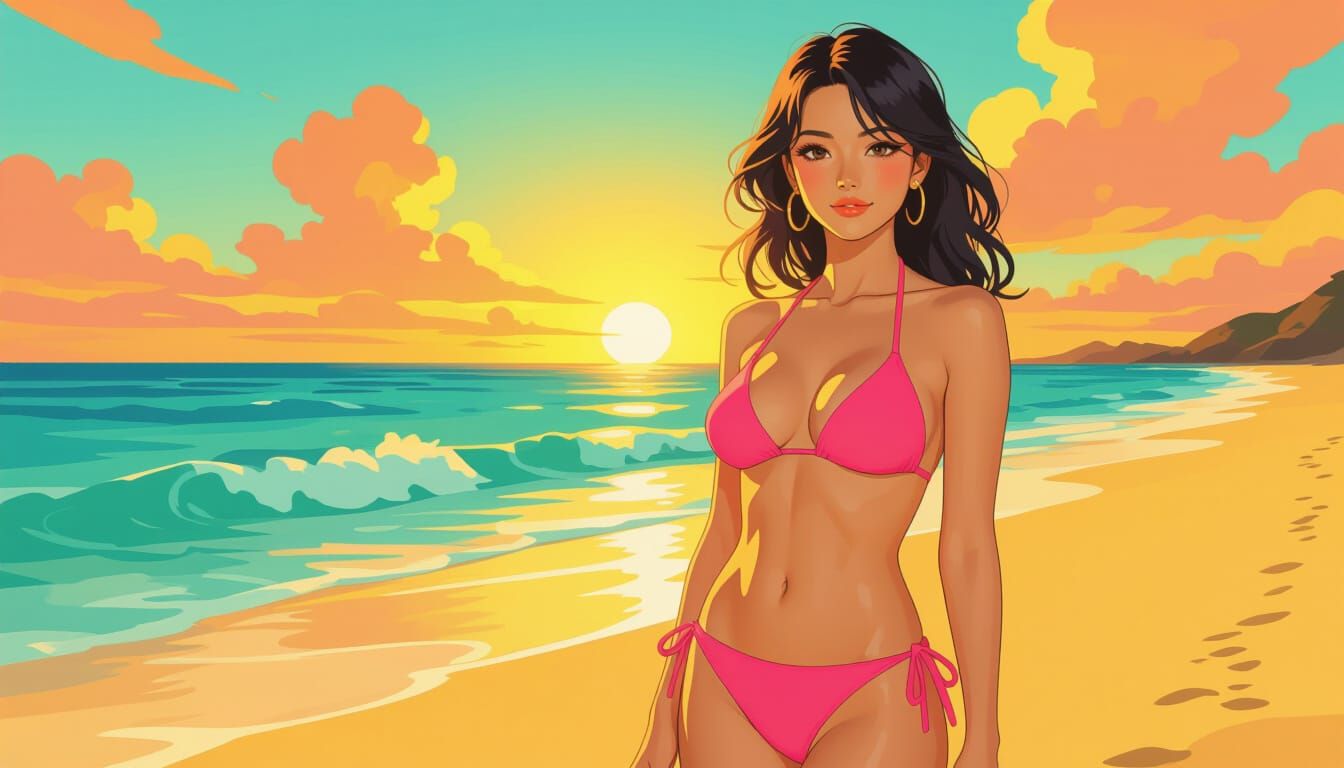 Woman in Pink Bikini at Sunset, Pop Art Style