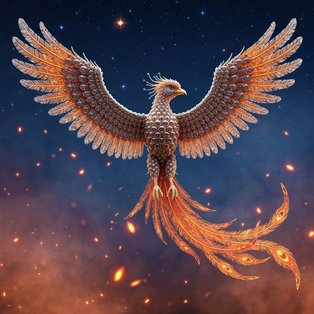 Beaded Phoenix Soaring in a Mystical Sky