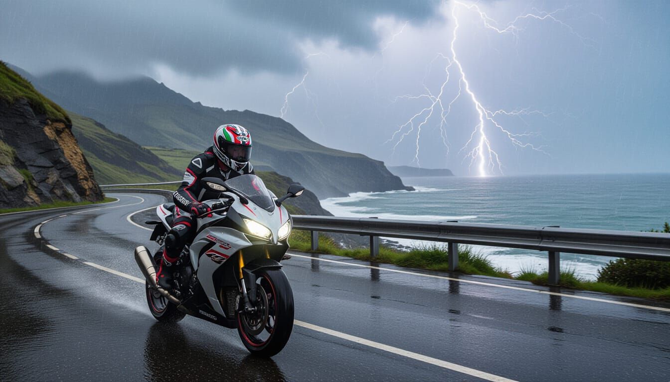 Motorcyclist Rides Cliff Road in Storm