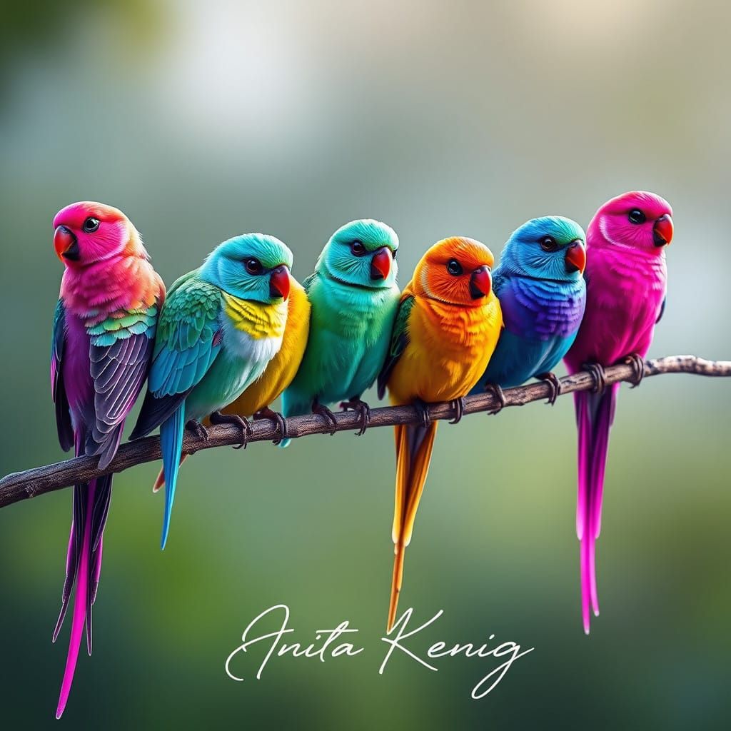 Vibrant Digital Portrait of Colorful Birds on a Branch