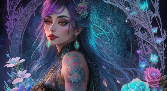 Bioluminescent Tattooed Girl with Bouquet, Watercolor Style