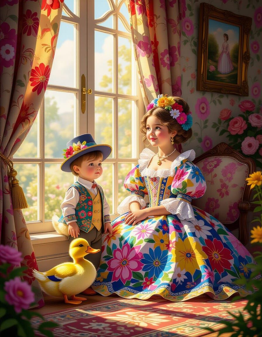 Patchwork Window Portrait With Duck in Imperial Colors