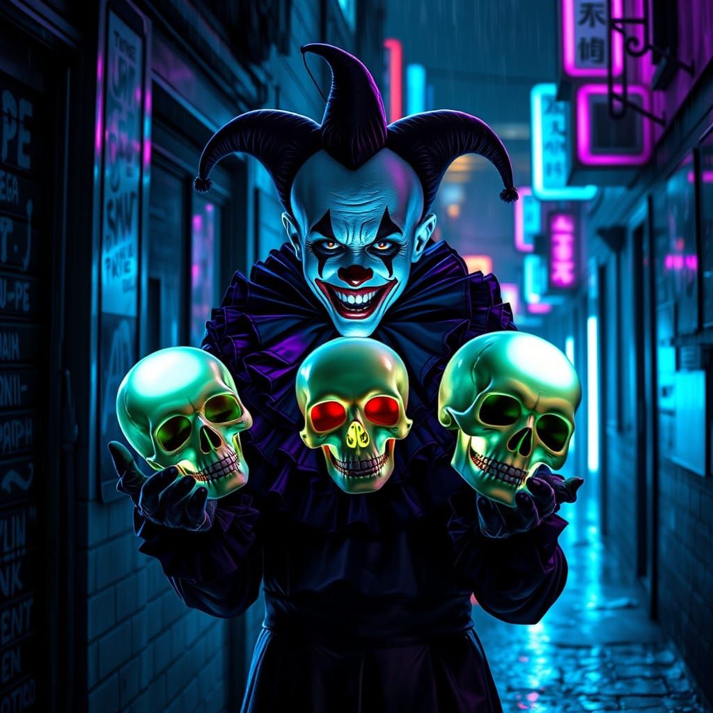 Gothic Clown in Cyberpunk Alleyway