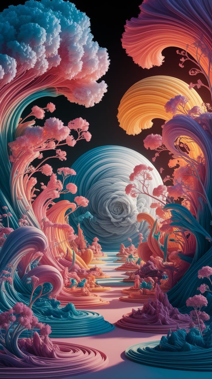 Ethereal Fantasy Landscape in Vibrant, Triadic Colors