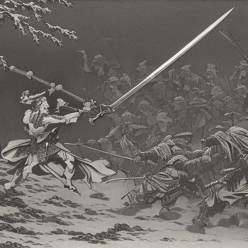 Samurai vs Demon in Village, Horror Art Style