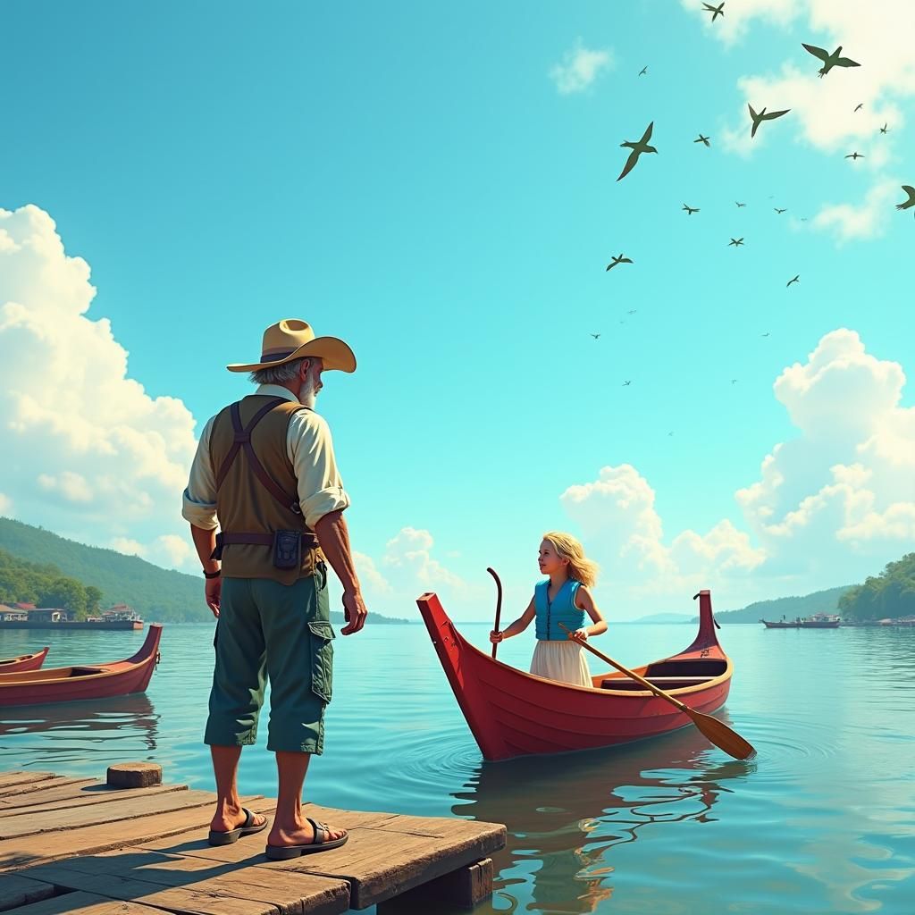 Coastal Harbor Scene with Cowboy and Girl in Jukung