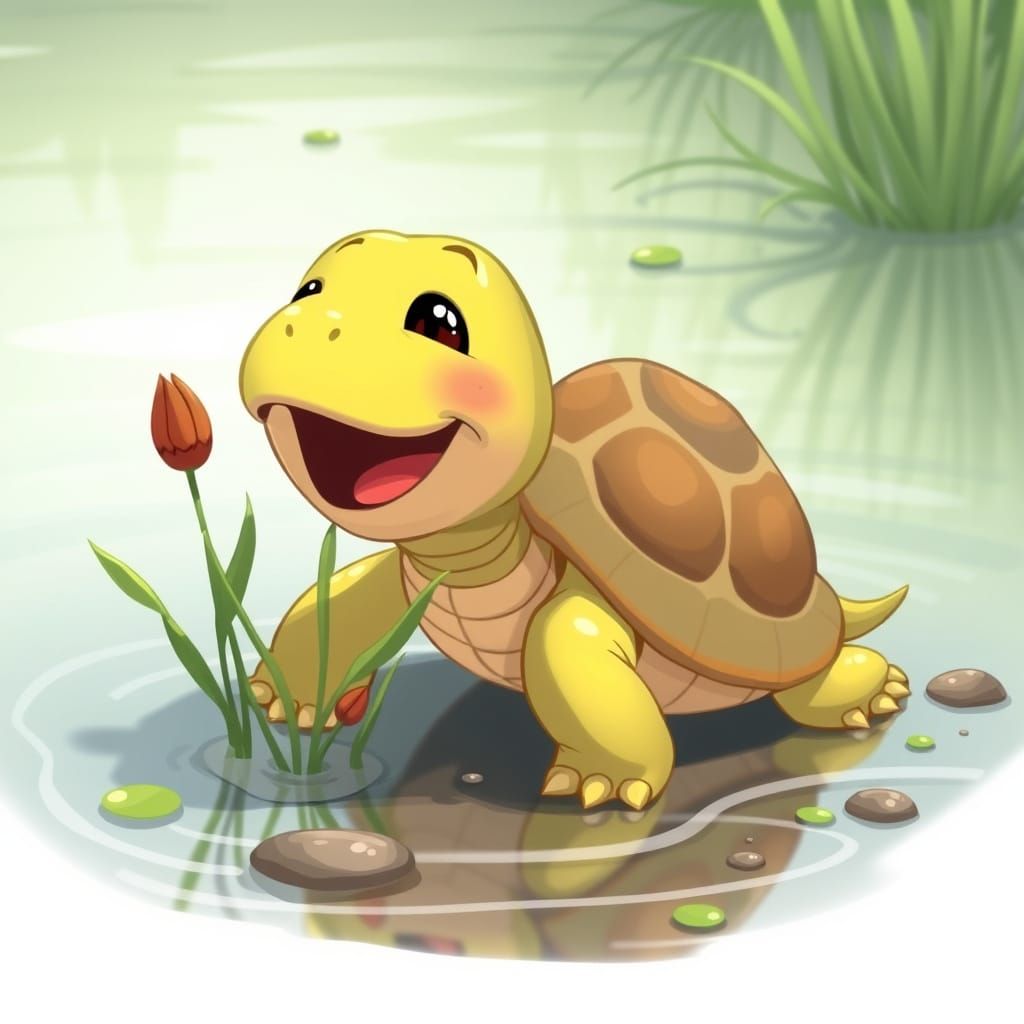 Singing Cartoon Turtle Enjoying Waterfront Meal