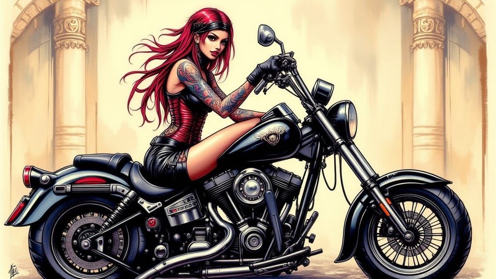 Tattooed Biker Woman and Harley Chopper in Fantasy Art Style