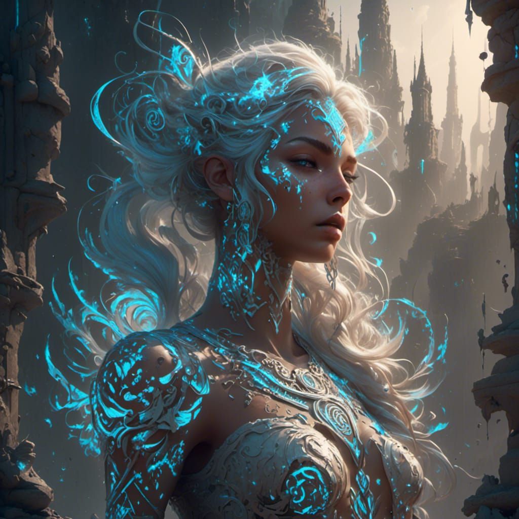 <lora:Glowing Runes:1.0>  a djinn with glowing white rune ta...