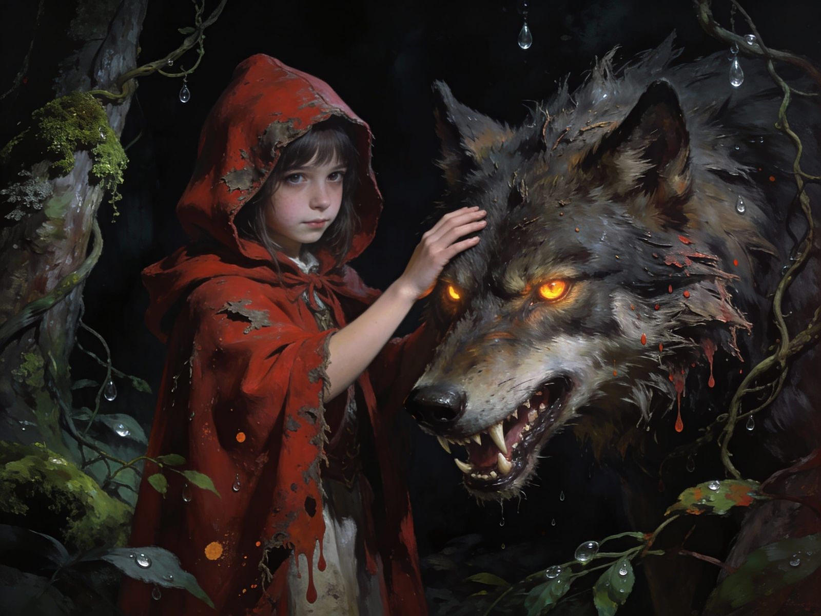 Little Red Riding Hood Tames Wolf in Dark Forest