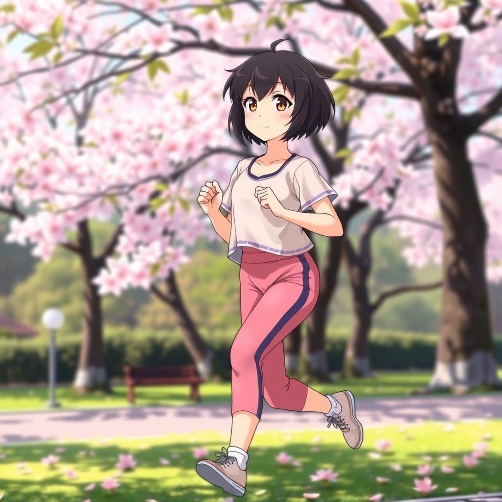 Anime Woman Runs Through Cherry Blossom Park