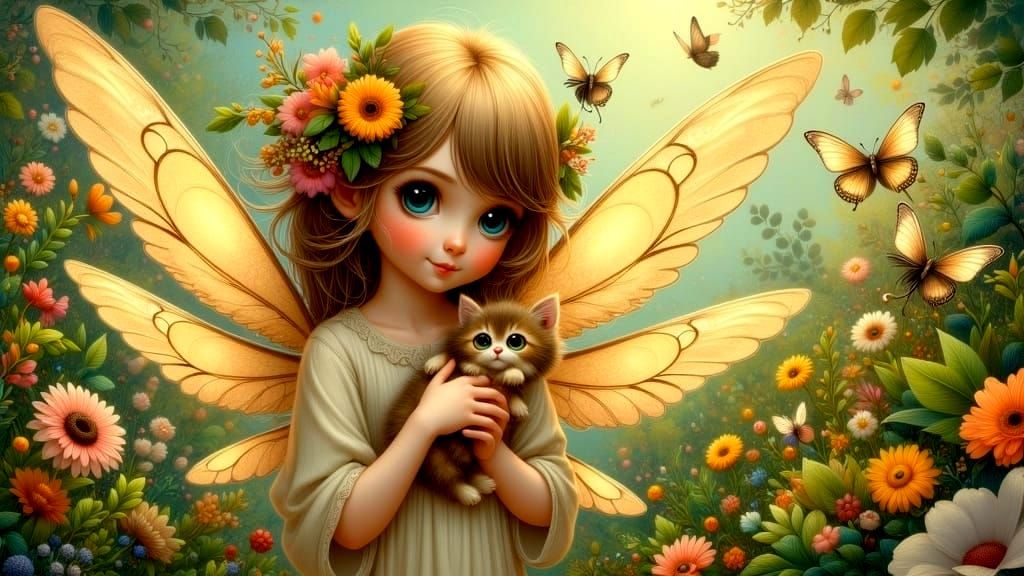 Whimsical Fairy and Kitten in Golden Light