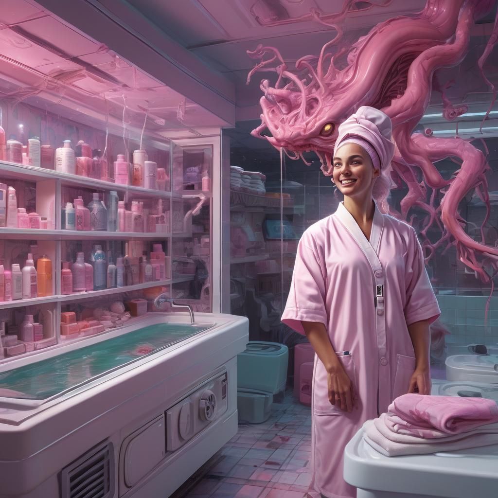 Satirical Spa Scene with Strange Creature in Comic Art