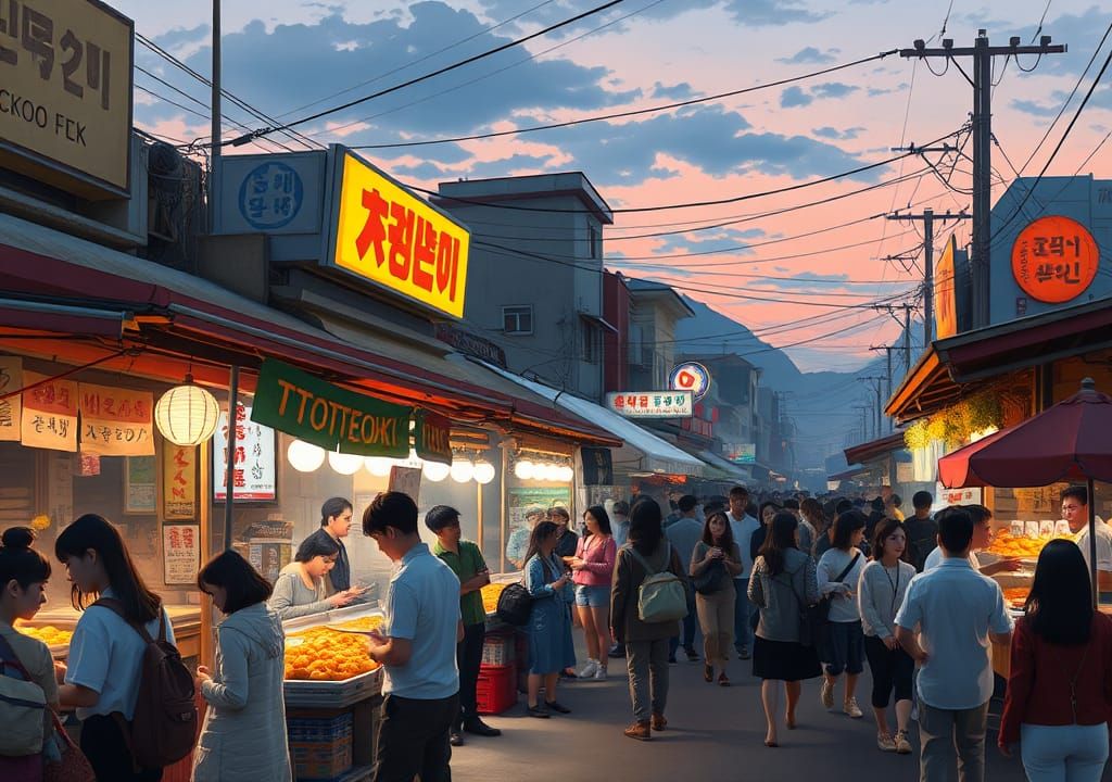 Korean Street Food Market at Dusk in Stylized Composition
