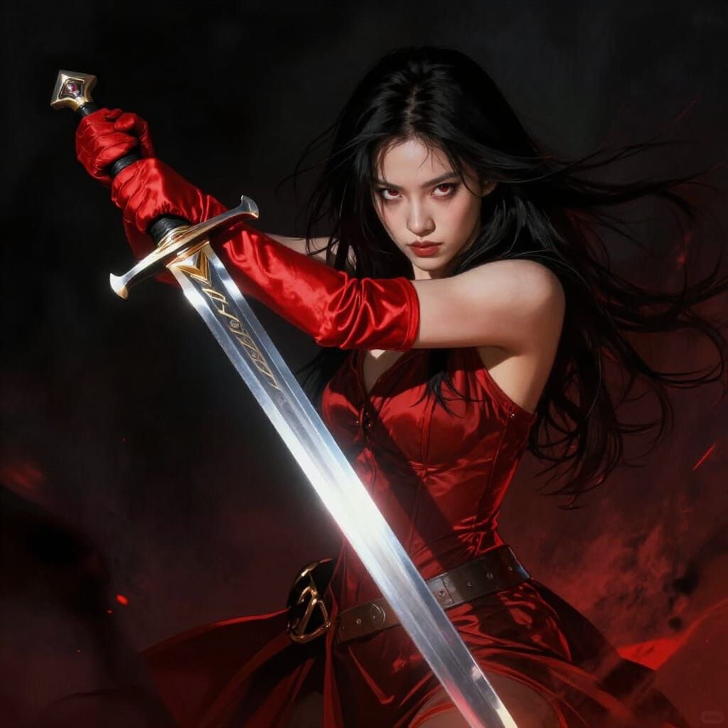 Red Glove Warrior with Sword in Dark Fantasy Style