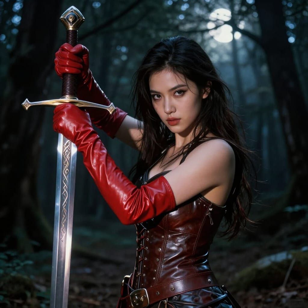 Fantasy Warrior Woman with Gleaming Sword in Forest