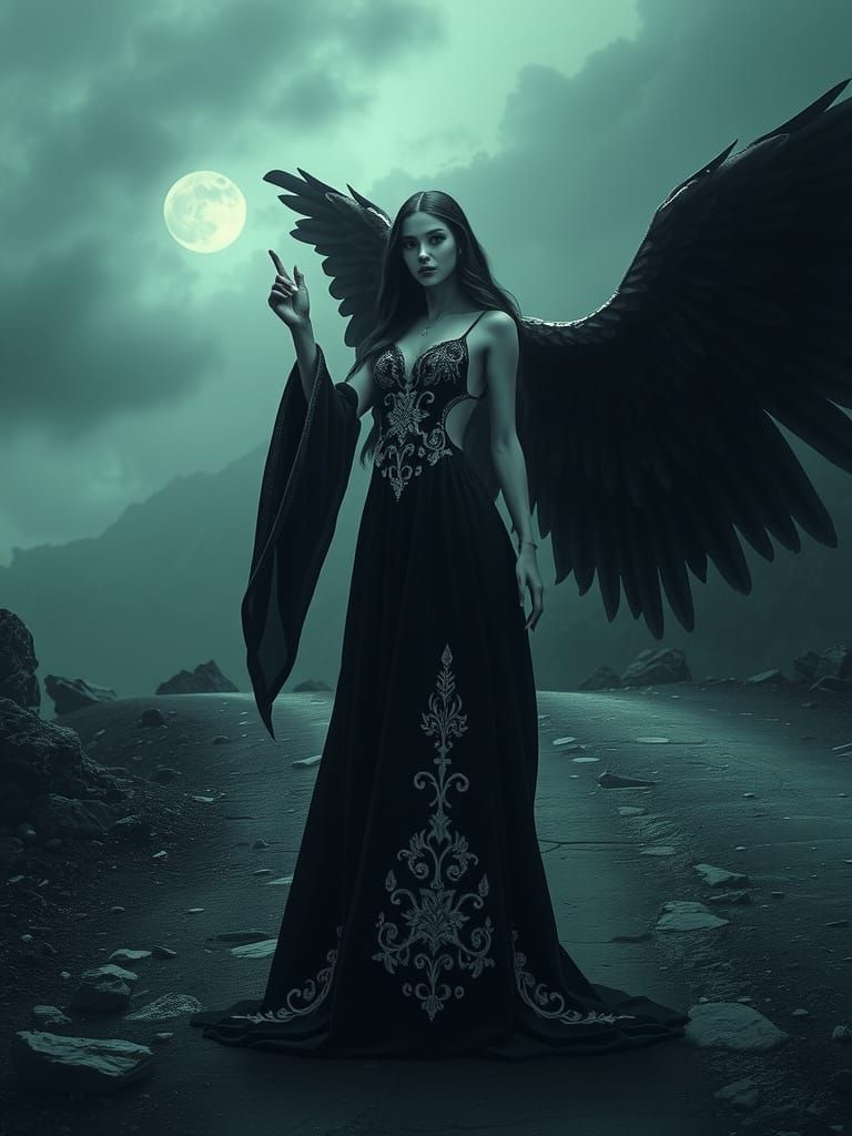 A beautiful angel of death stands at a crossroads and beckon...