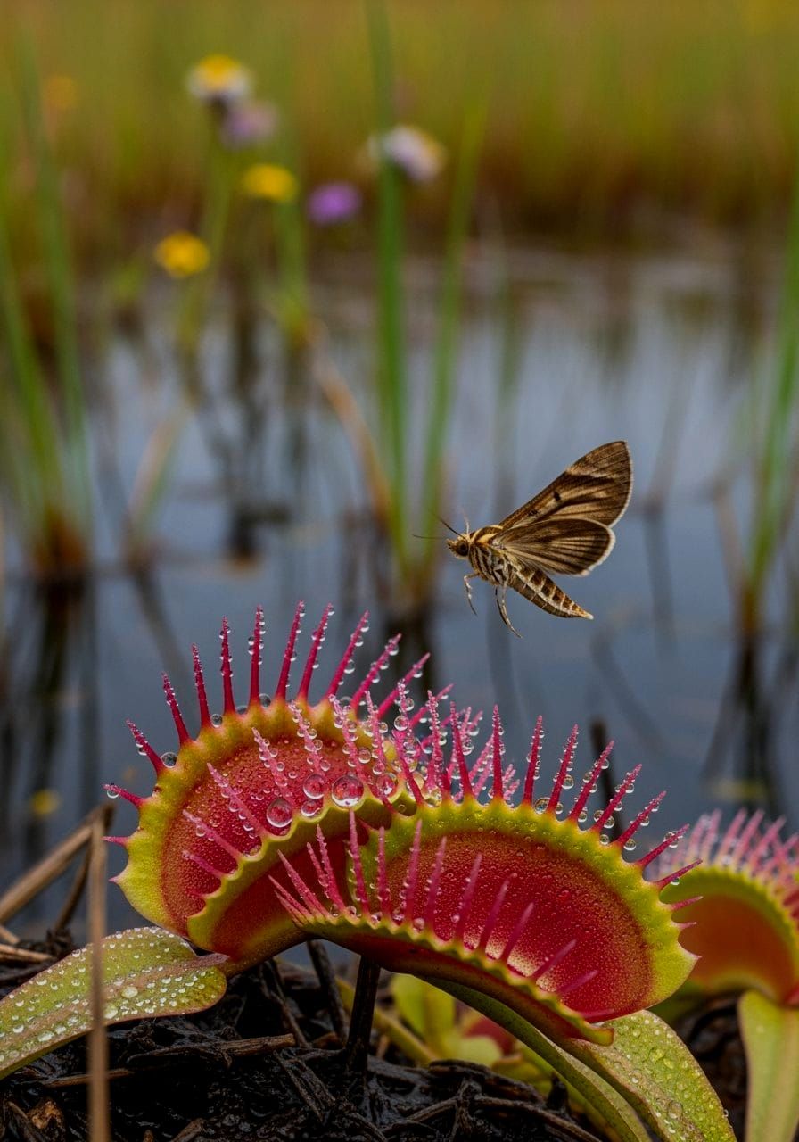 Hyperrealistic Venus Flytrap with Moth in Savannah Bog