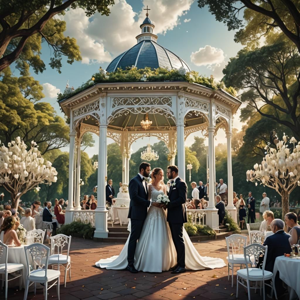 Elaborate Park Wedding with Gazebo in Double Exposure