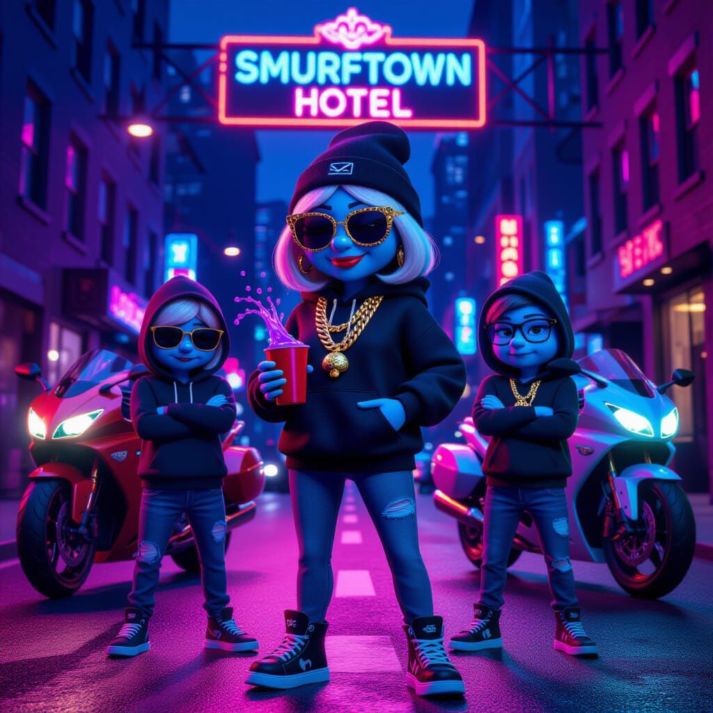 Smurf-Inspired Characters in Neon City Street Movie Poster