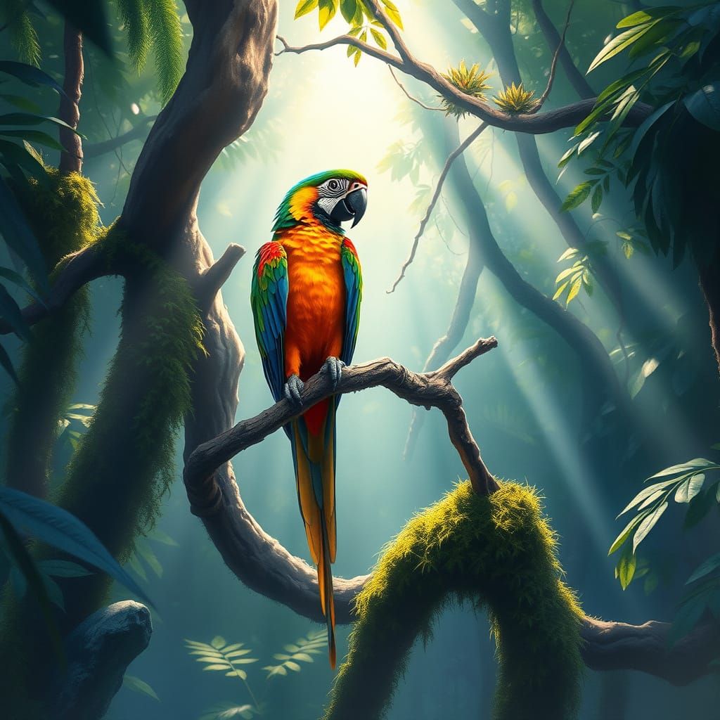 Exotic Parrot in Mystical Jungle Watercolor Painting