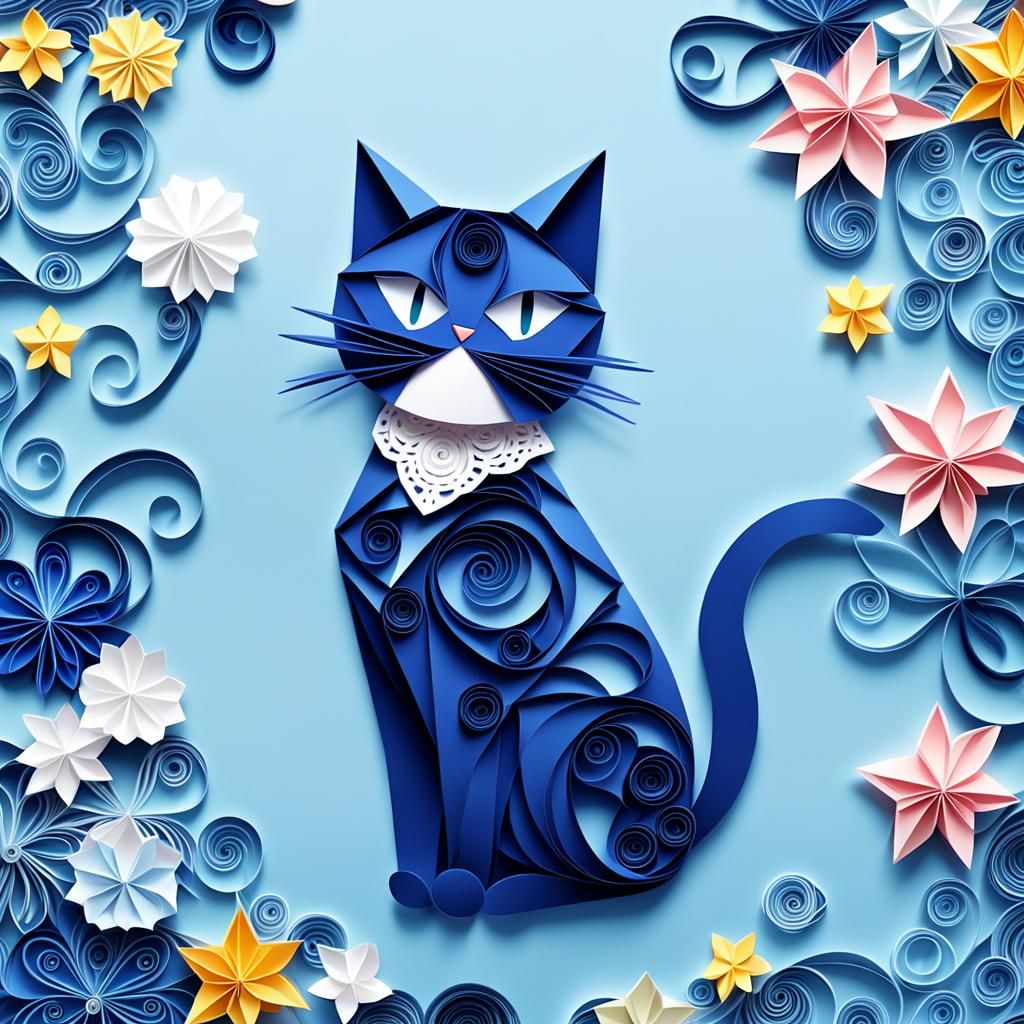 Blue origami cat with quilling paper craft , blue lacy background by artist "anime", Anime Key Visual, Japanese Manga, P...