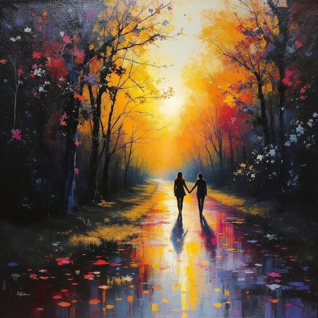 Romantic Golden Hour Oil Painting with Textured Brushwork