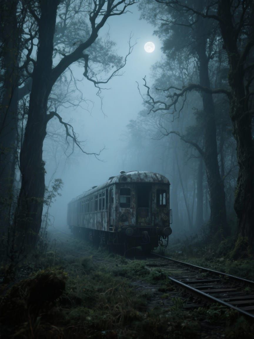 Abandoned Train in Foggy Forest