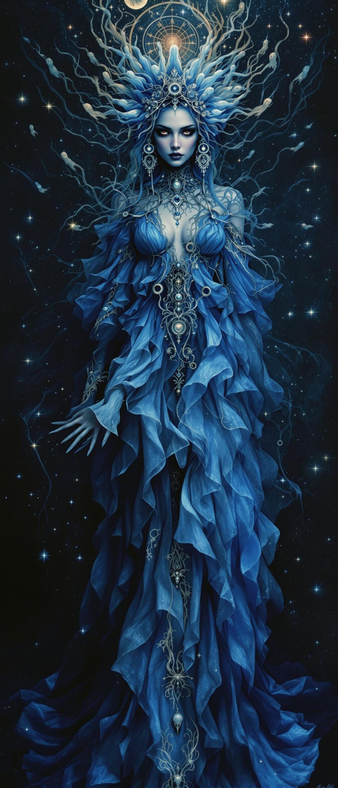 Enigmatic Maiden in a Dreamlike Dance of Ghostly Figures