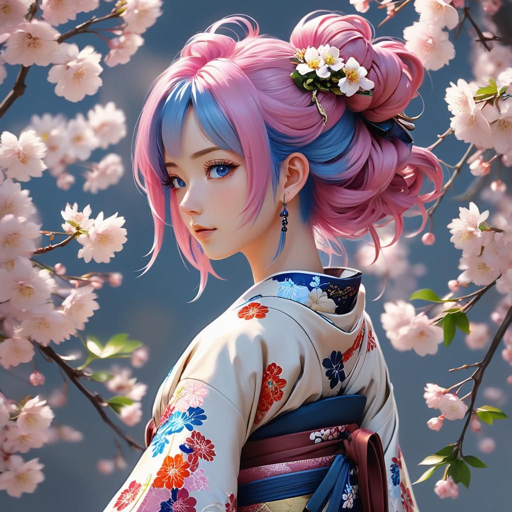 Pink-Haired Girl in Kimono, Anime Style