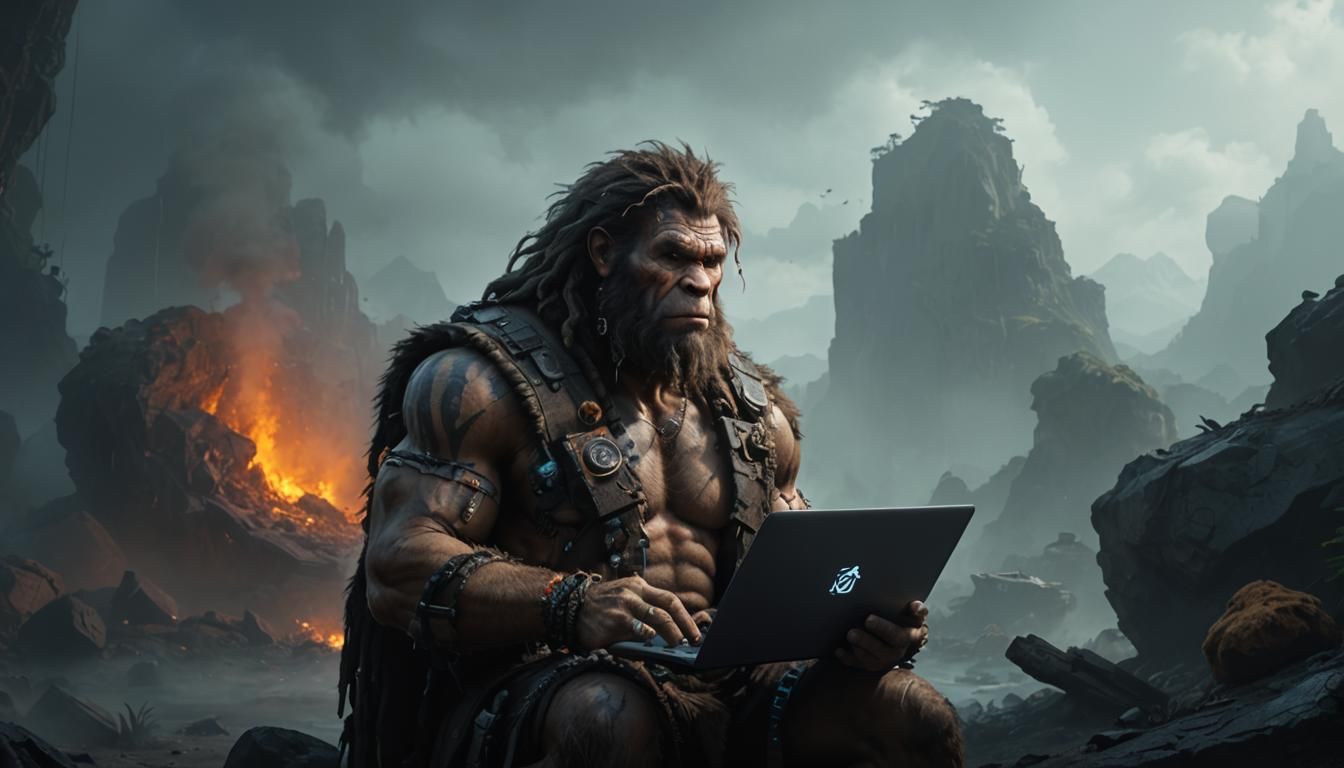 Neanderthals Discover Modern Tech in Cyberpunk Painting