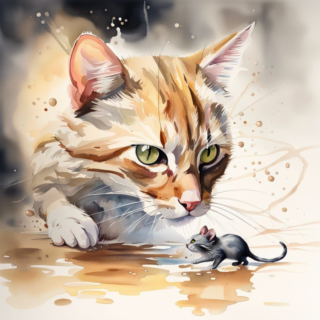 Cat and Mouse in Watercolor Splash Art
